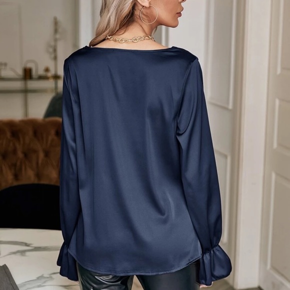 Satin silky long sleeve ruffle cuff cowl neck swoop blouse burgundy red - Picture 8 of 12